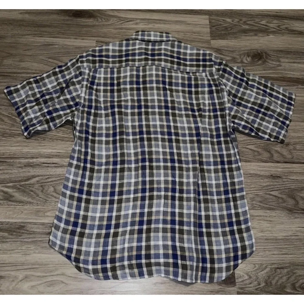 Robert Talbott Shirt Mens L Blue Plaid Linen Short Sleeve Button Up Casual - Picture 8 of 8